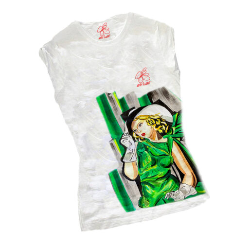 T-shirt dipinta a mano – Ragazza in verde di De Limpicka