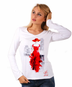 Maglia con scollo a V dipinta a mano - Lady in red