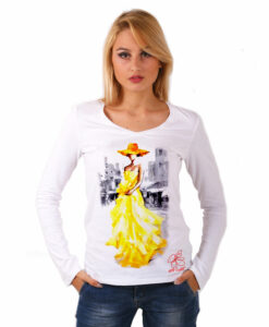 Maglia con scollo a V dipinta a mano - Lady in yellow