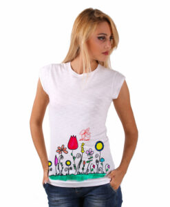 T-shirt in cotone dipinta a mano - Fiori naif