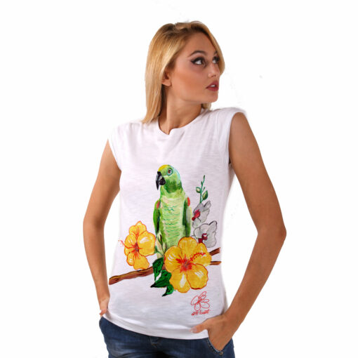 T-shirt dipinta a mano - Green parrot