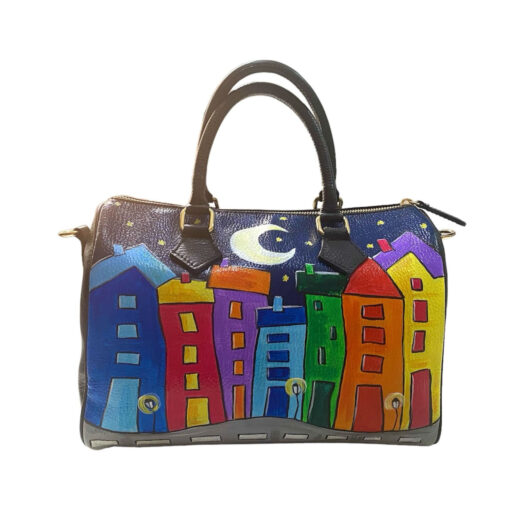 Borsa in pelle dipinta a mano – Cartoon city night evolution