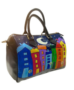 Borsa in pelle dipinta a mano – Cartoon city night evolution