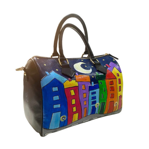 Borsa in pelle dipinta a mano – Cartoon city night evolution