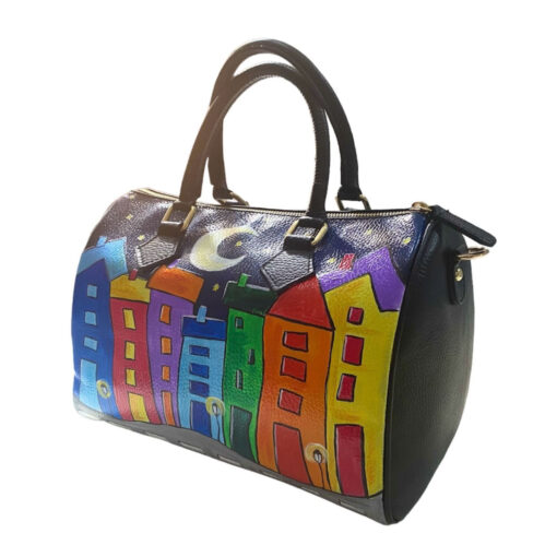 Borsa in pelle dipinta a mano – Cartoon city night evolution