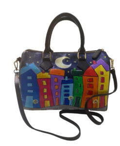 Borsa in pelle dipinta a mano – Cartoon city night evolution