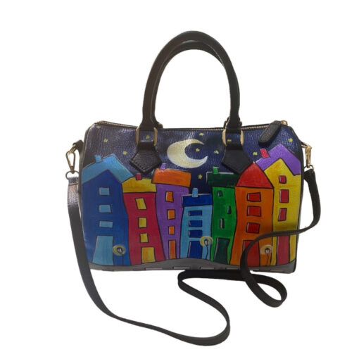 Borsa in pelle dipinta a mano – Cartoon city night evolution